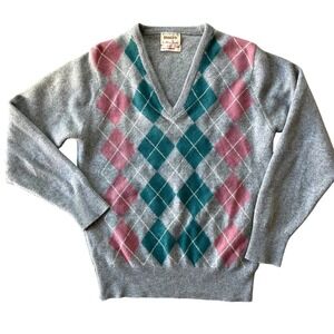 Vintage Alan Paine Women 100% Cashmere Sweater Sz 38 Argyle V-Neck Grey England
